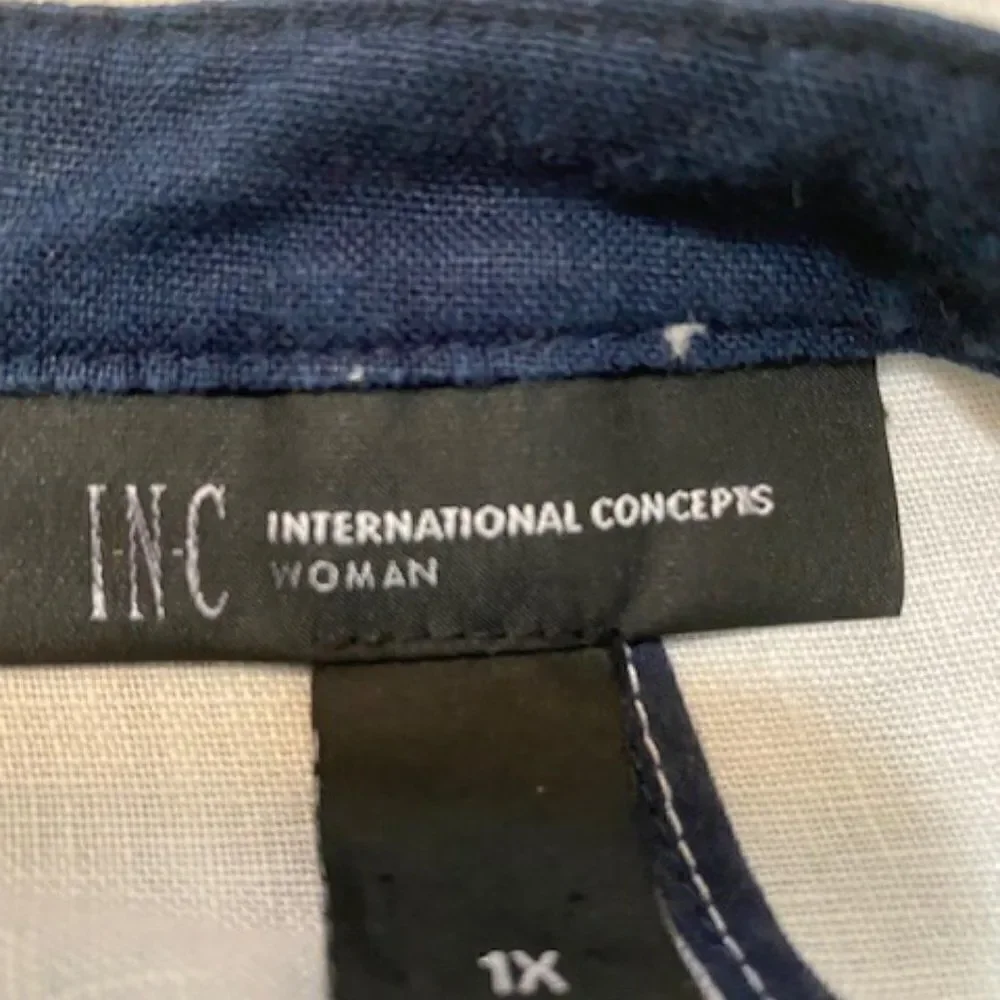 INC International Concept White, Blue embellished Linen jacket, size 1X
